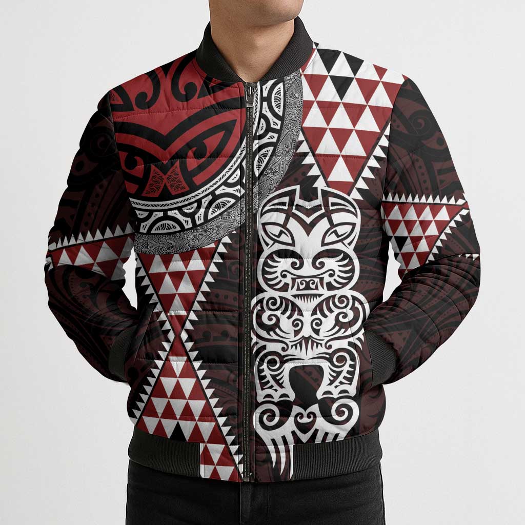 Red Aotearoa Niho Taniwha Bomber Puffer Jacket Maori Mythology Tooth - Taniko Motifs LT14 - Polynesian Pride