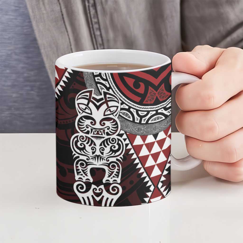 Red Aotearoa Niho Taniwha Ceramic Mug Maori Mythology Tooth - Taniko Motifs - Polynesian Pride