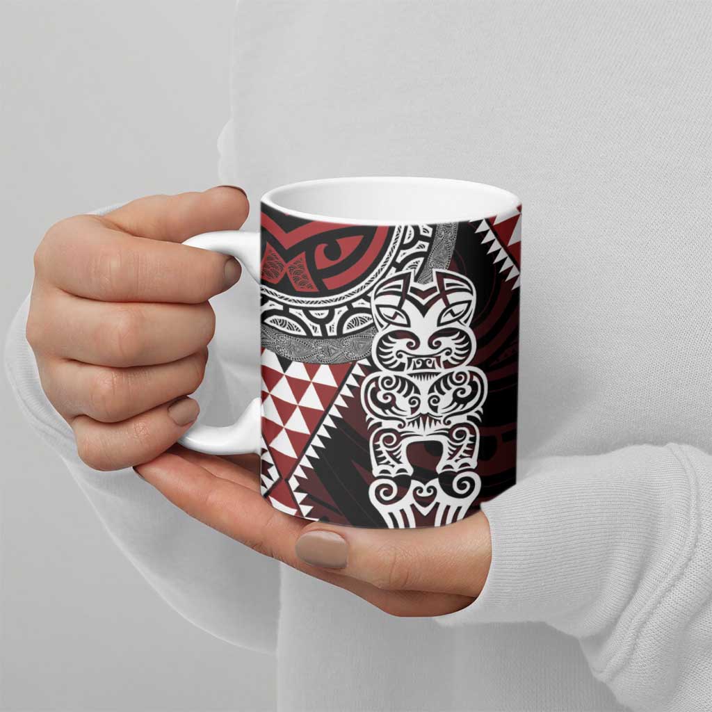 Red Aotearoa Niho Taniwha Ceramic Mug Maori Mythology Tooth - Taniko Motifs - Polynesian Pride