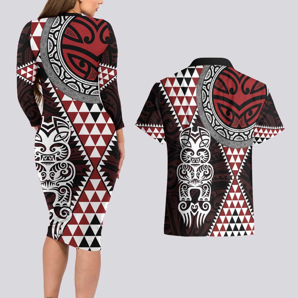 Red Aotearoa Niho Taniwha Couples Matching Long Sleeve Bodycon Dress and Hawaiian Shirt Maori Mythology Tooth - Taniko Motifs