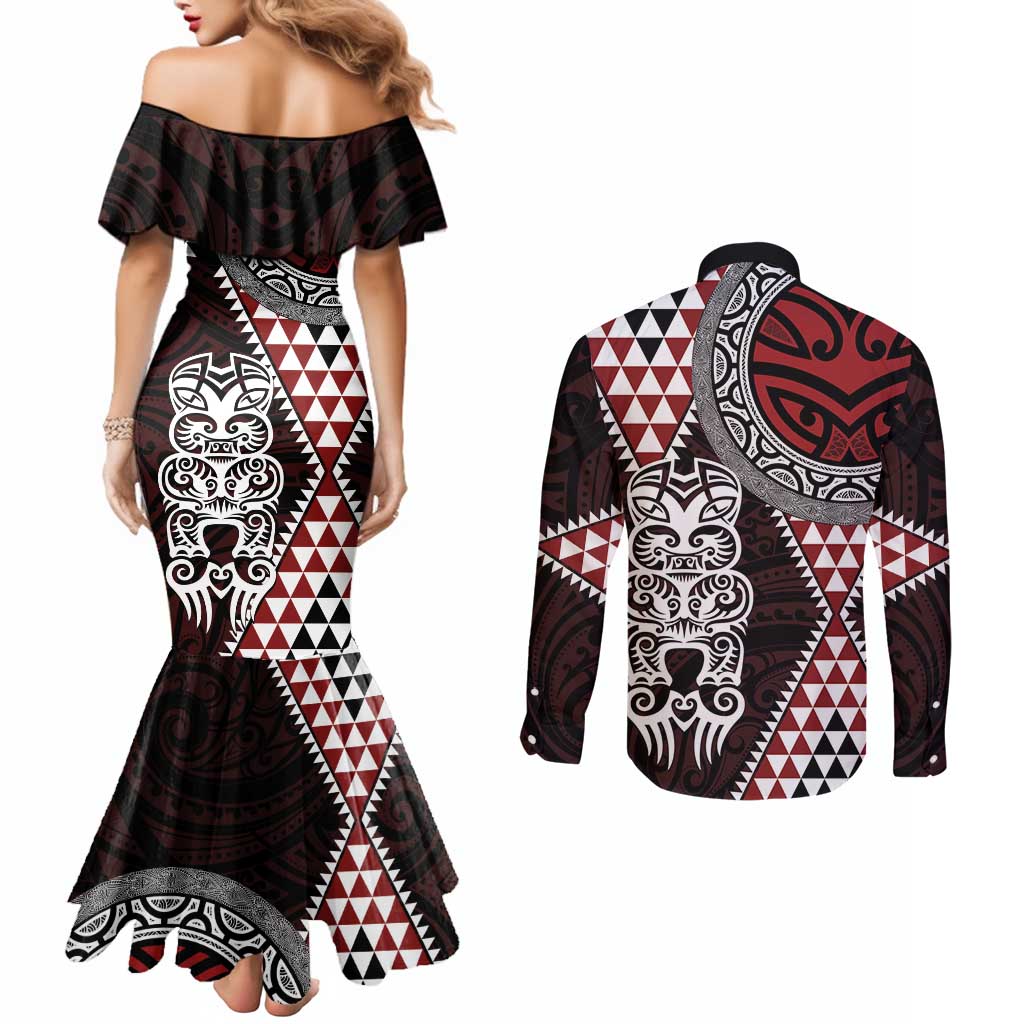 Red Aotearoa Niho Taniwha Couples Matching Mermaid Dress and Long Sleeve Button Shirt Maori Mythology Tooth - Taniko Motifs