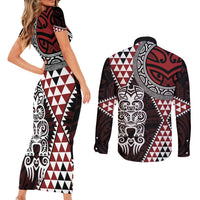 Red Aotearoa Niho Taniwha Couples Matching Short Sleeve Bodycon Dress and Long Sleeve Button Shirt Maori Mythology Tooth - Taniko Motifs