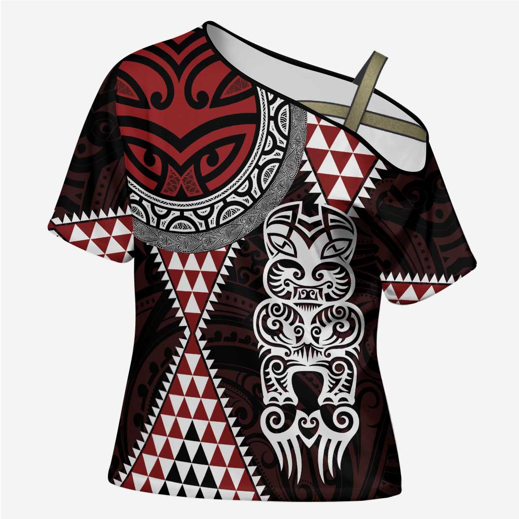 Red Aotearoa Niho Taniwha Cross Shoulder Shirt Maori Mythology Tooth - Taniko Motifs LT14 Female Red - Polynesian Pride