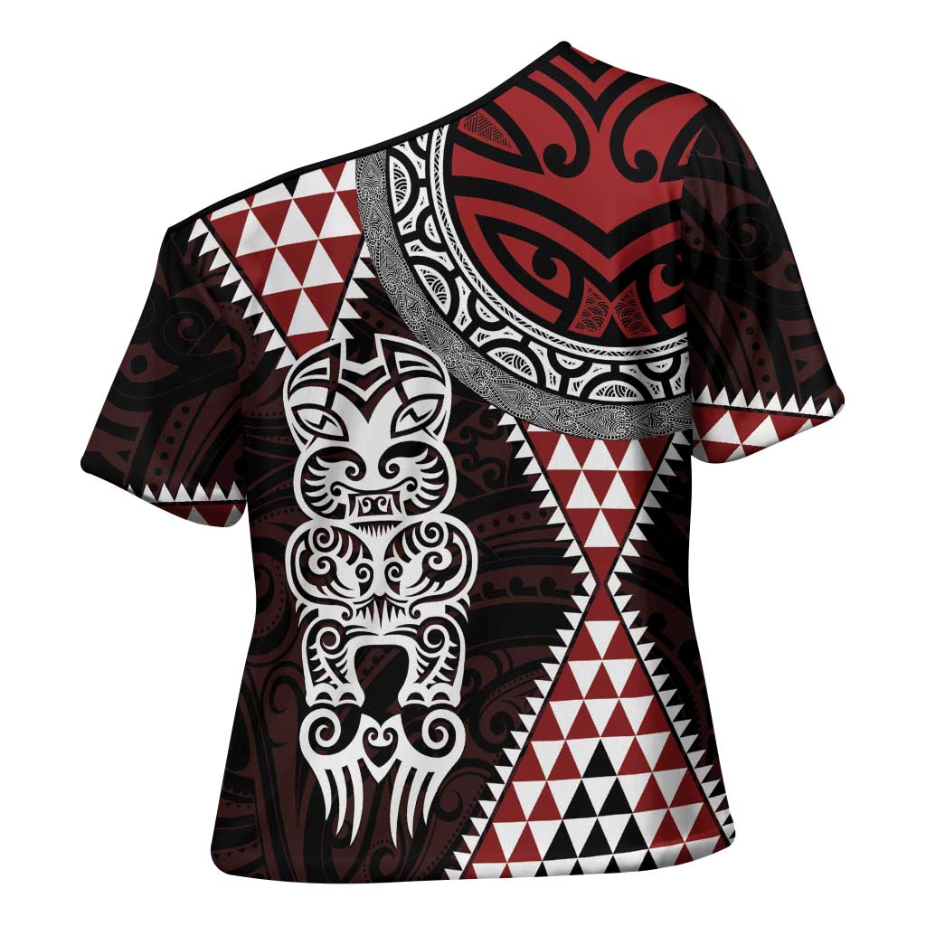 Red Aotearoa Niho Taniwha Cross Shoulder Shirt Maori Mythology Tooth - Taniko Motifs LT14 - Polynesian Pride