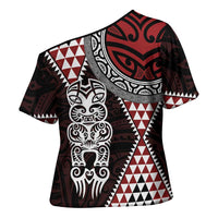 Red Aotearoa Niho Taniwha Cross Shoulder Shirt Maori Mythology Tooth - Taniko Motifs LT14 - Polynesian Pride