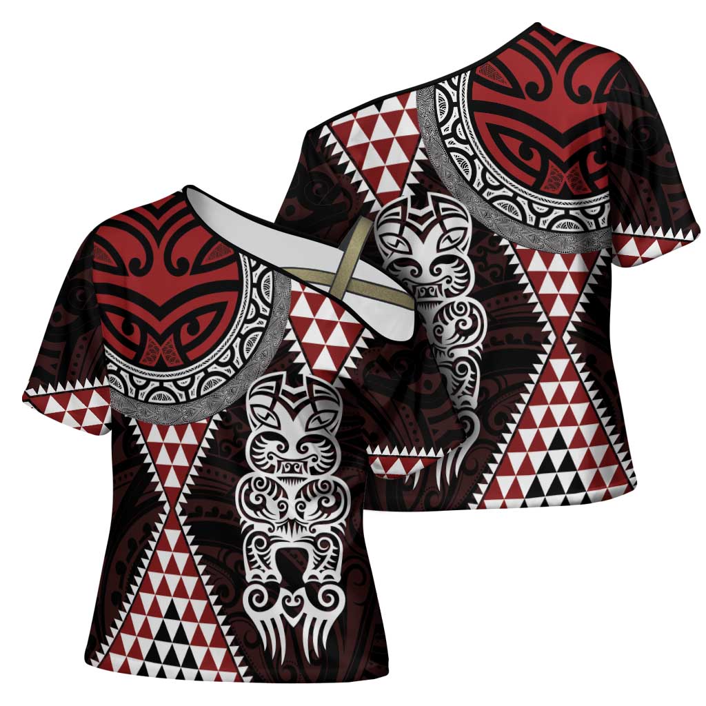 Red Aotearoa Niho Taniwha Cross Shoulder Shirt Maori Mythology Tooth - Taniko Motifs LT14 - Polynesian Pride