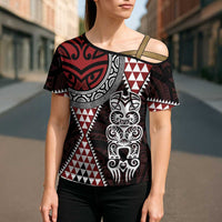 Red Aotearoa Niho Taniwha Cross Shoulder Shirt Maori Mythology Tooth - Taniko Motifs LT14 - Polynesian Pride