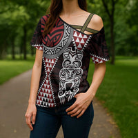 Red Aotearoa Niho Taniwha Cross Shoulder Shirt Maori Mythology Tooth - Taniko Motifs LT14 - Polynesian Pride