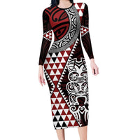 Red Aotearoa Niho Taniwha Family Matching Long Sleeve Bodycon Dress and Hawaiian Shirt Maori Mythology Tooth - Taniko Motifs