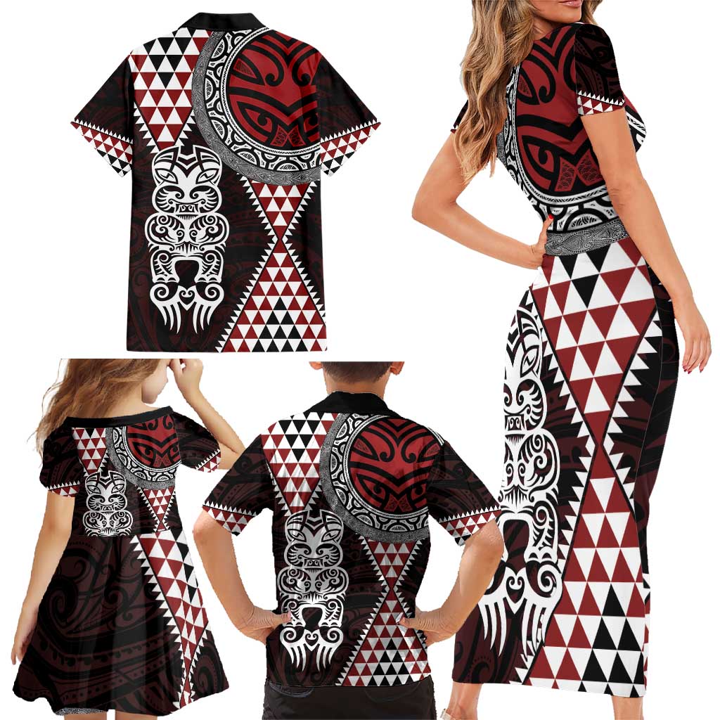 Red Aotearoa Niho Taniwha Family Matching Short Sleeve Bodycon Dress and Hawaiian Shirt Maori Mythology Tooth - Taniko Motifs