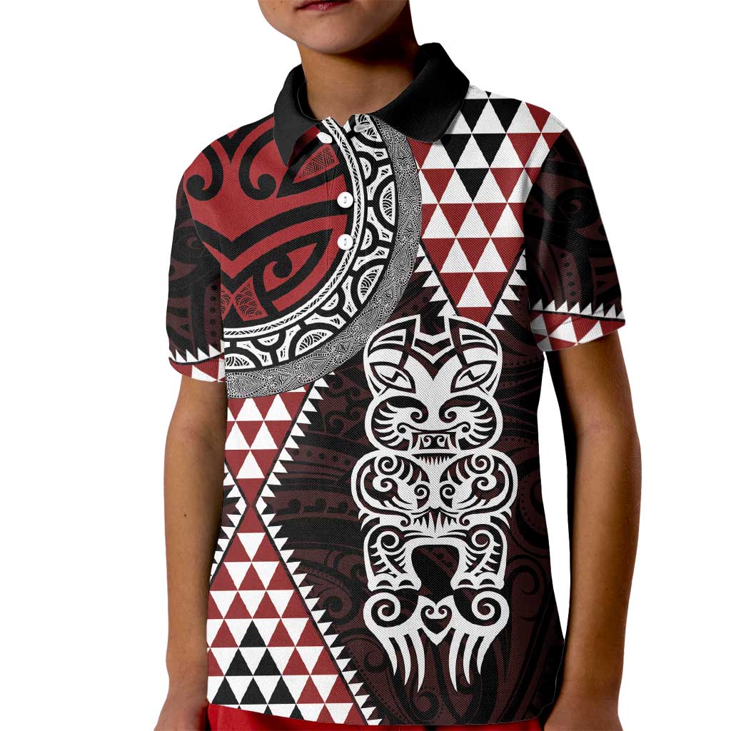 Red Aotearoa Niho Taniwha Kid Polo Shirt Maori Mythology Tooth - Taniko Motifs LT14 Kid Red - Polynesian Pride