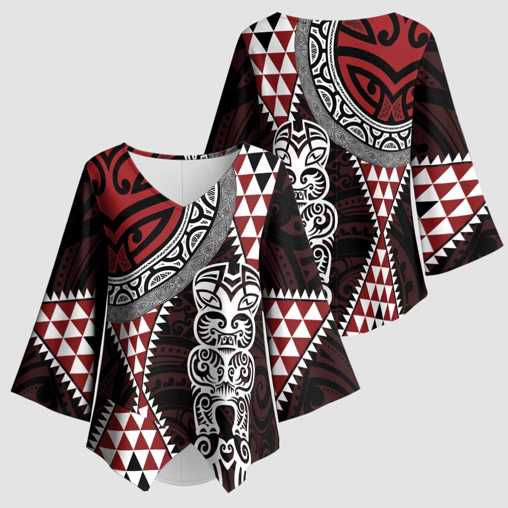 Red Aotearoa Niho Taniwha Kimono Sleeve Blouse Maori Mythology Tooth - Taniko Motifs - Polynesian Pride