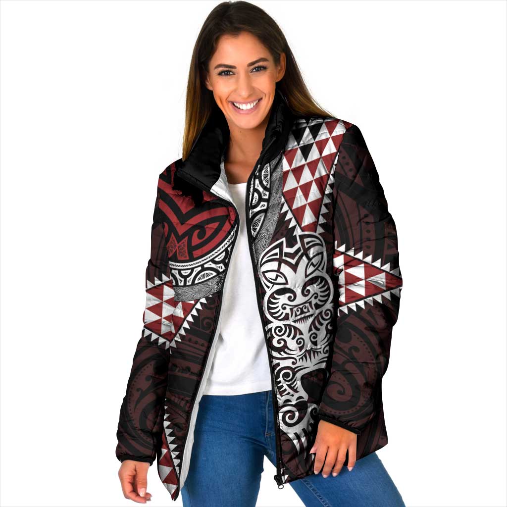 Red Aotearoa Niho Taniwha Padded Jacket Maori Mythology Tooth - Taniko Motifs LT14 Women Red - Polynesian Pride