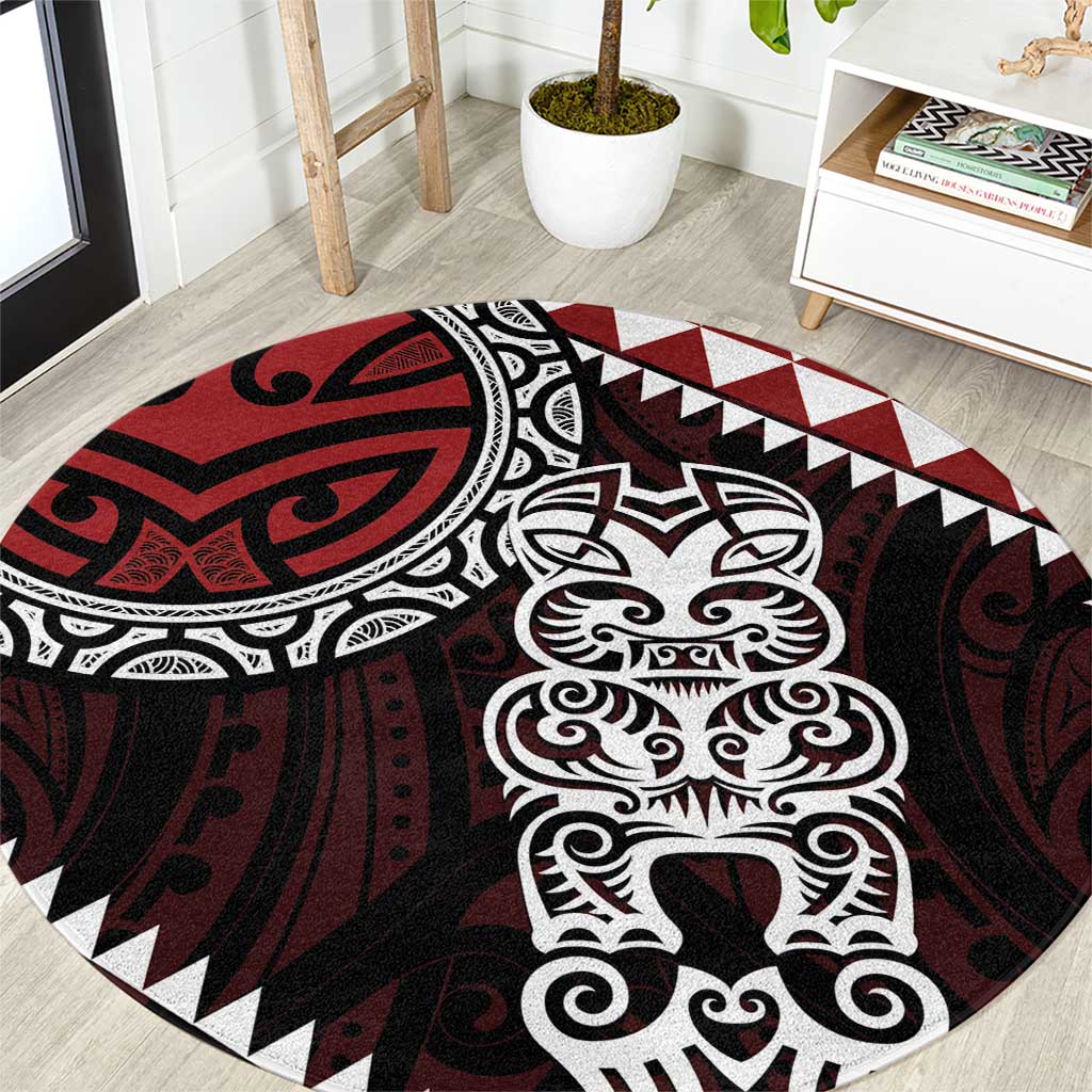 Red Aotearoa Niho Taniwha Round Carpet Maori Mythology Tooth - Taniko Motifs LT14 Red - Polynesian Pride