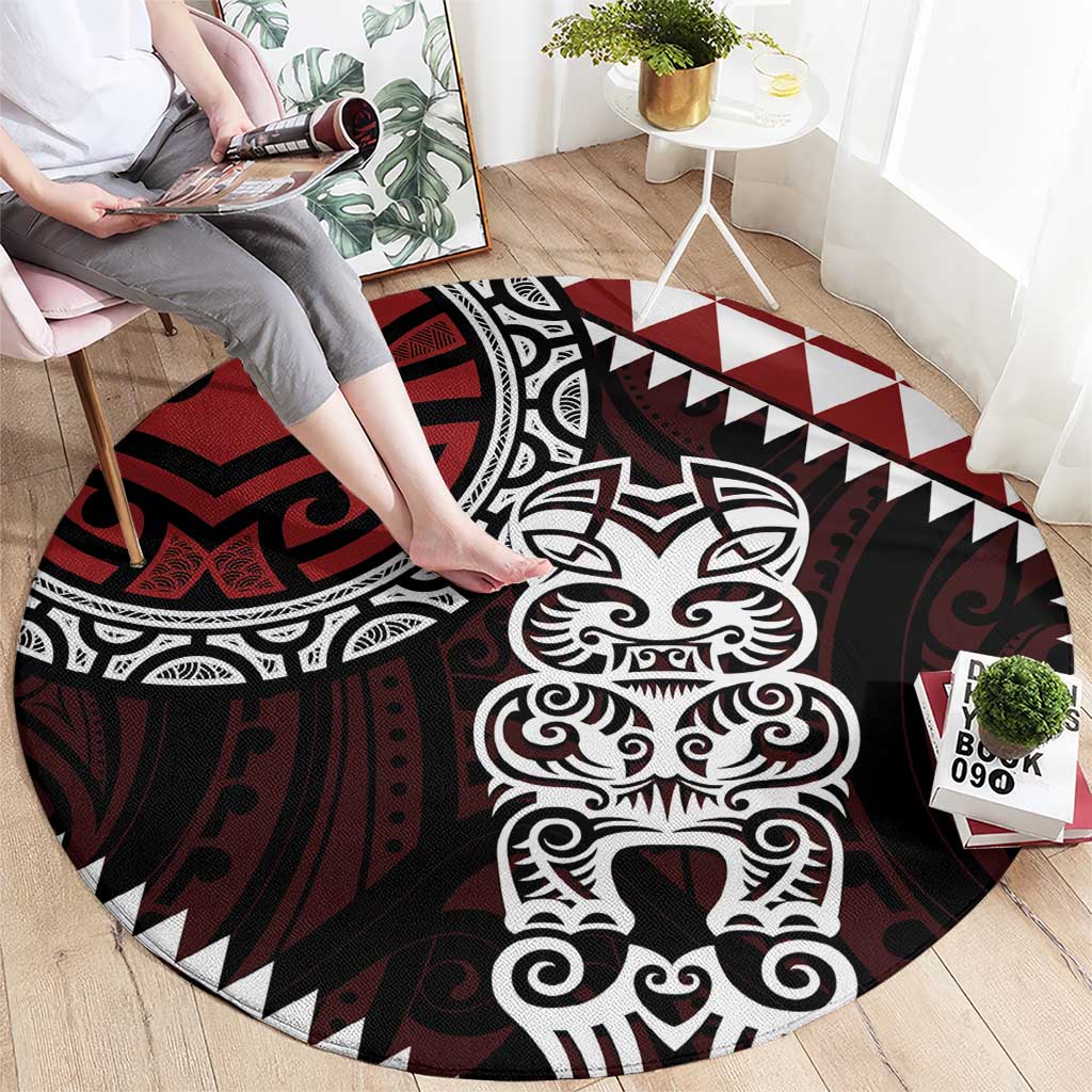 Red Aotearoa Niho Taniwha Round Carpet Maori Mythology Tooth - Taniko Motifs LT14 - Polynesian Pride