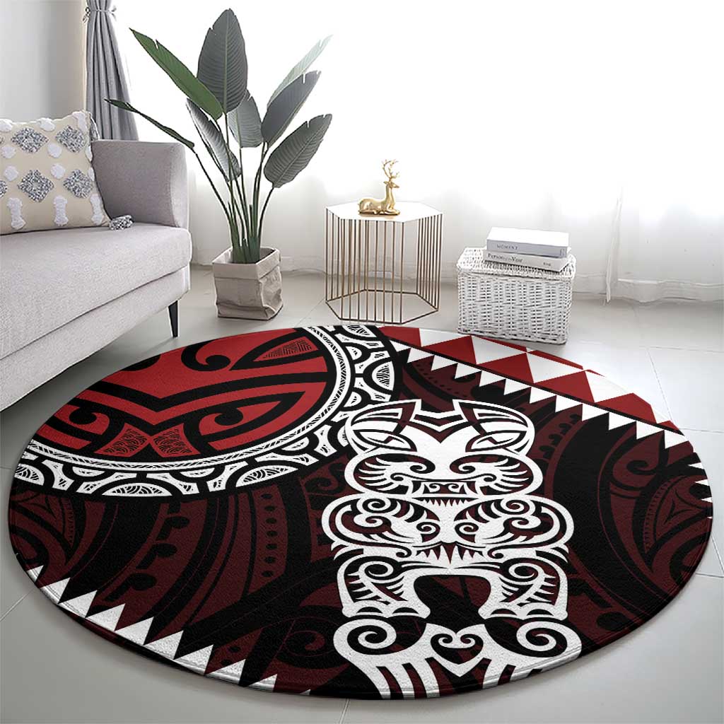 Red Aotearoa Niho Taniwha Round Carpet Maori Mythology Tooth - Taniko Motifs LT14 - Polynesian Pride