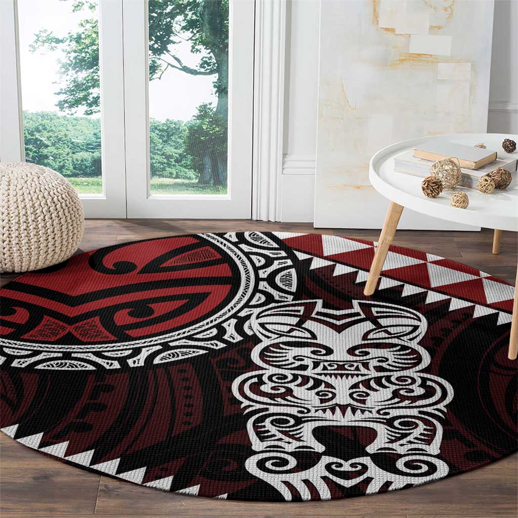 Red Aotearoa Niho Taniwha Round Carpet Maori Mythology Tooth - Taniko Motifs LT14 - Polynesian Pride