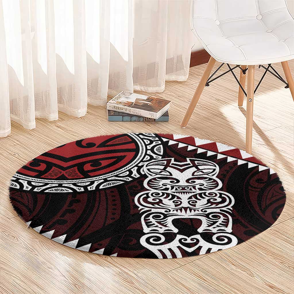 Red Aotearoa Niho Taniwha Round Carpet Maori Mythology Tooth - Taniko Motifs LT14 - Polynesian Pride