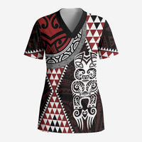 Red Aotearoa Niho Taniwha Scrub Top Maori Mythology Tooth - Taniko Motifs - Polynesian Pride