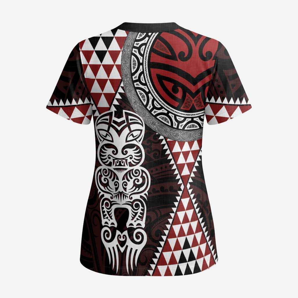 Red Aotearoa Niho Taniwha Scrub Top Maori Mythology Tooth - Taniko Motifs - Polynesian Pride