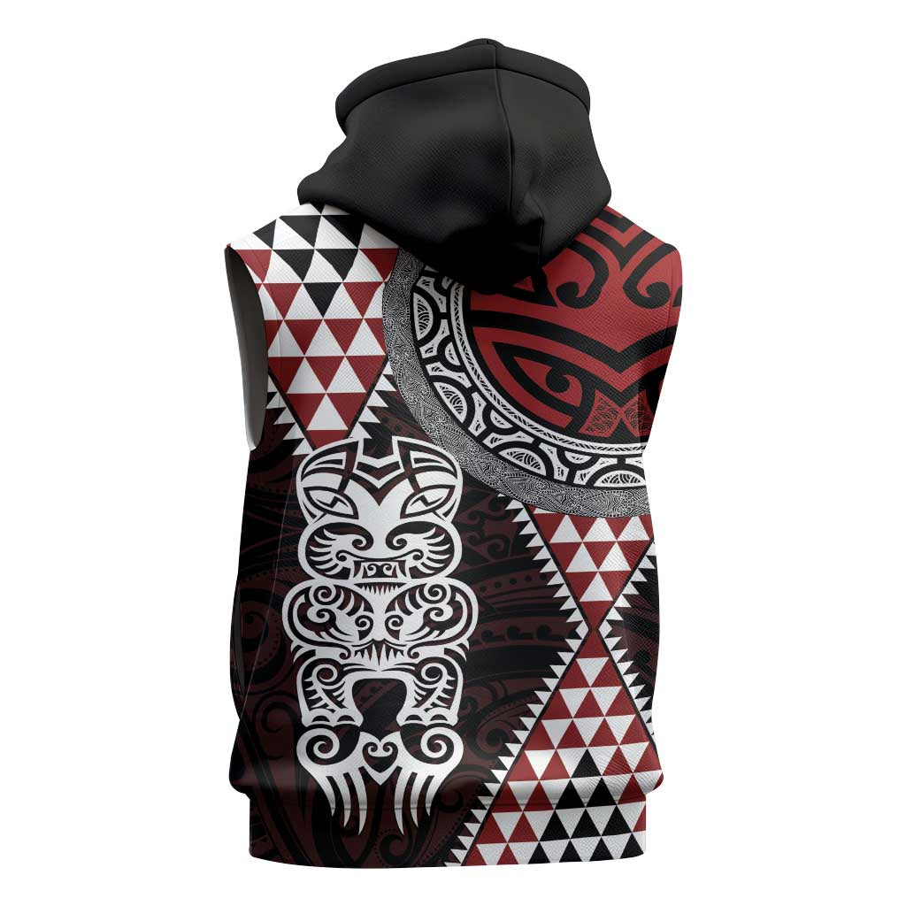 Red Aotearoa Niho Taniwha Sleeveless Hoodie Maori Mythology Tooth - Taniko Motifs LT14 - Polynesian Pride