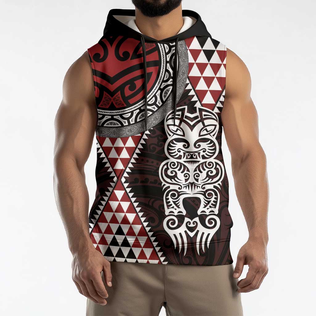 Red Aotearoa Niho Taniwha Sleeveless Hoodie Maori Mythology Tooth - Taniko Motifs LT14 - Polynesian Pride