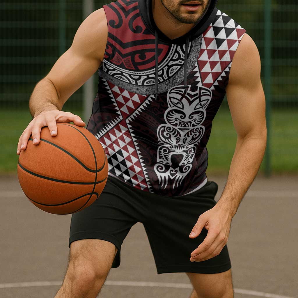 Red Aotearoa Niho Taniwha Sleeveless Hoodie Maori Mythology Tooth - Taniko Motifs LT14 - Polynesian Pride