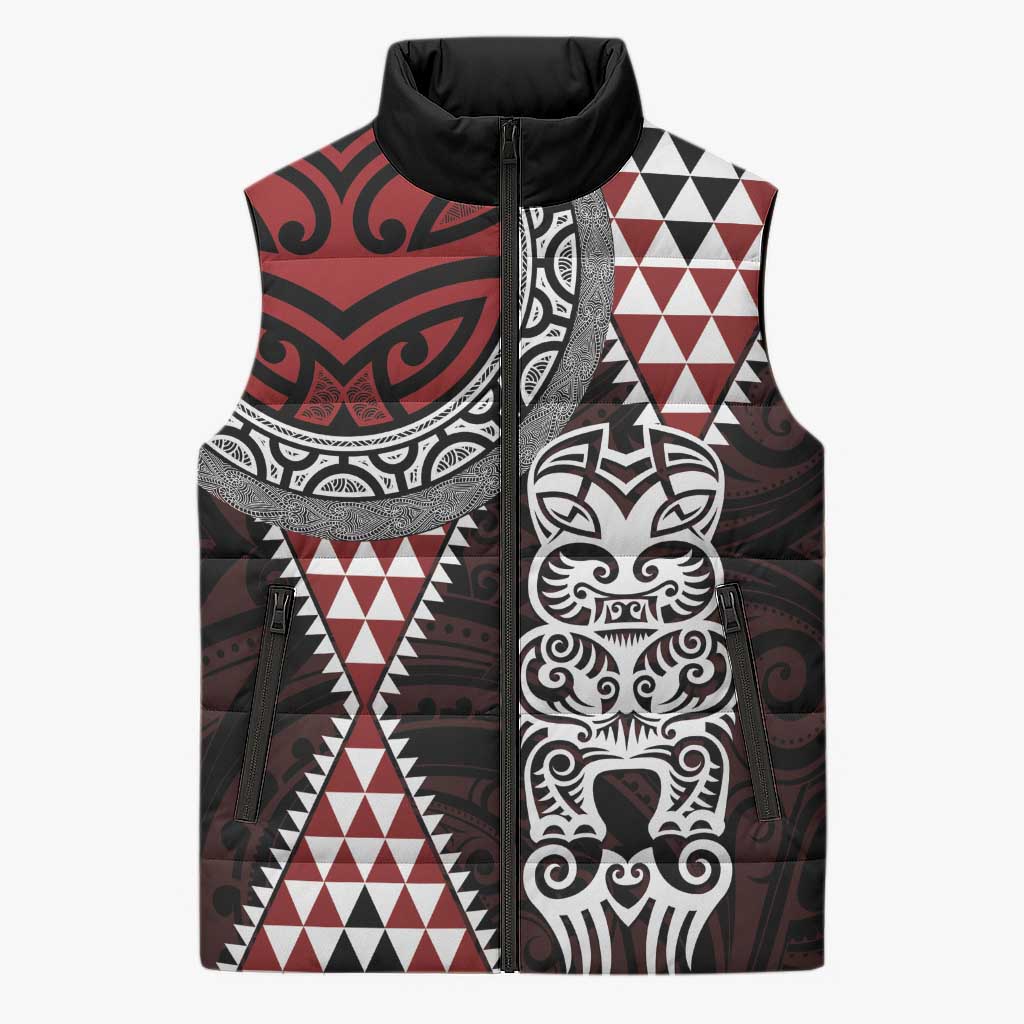 Red Aotearoa Niho Taniwha Sleeveless Puffer Jacket Maori Mythology Tooth - Taniko Motifs LT14 Unisex Red - Polynesian Pride