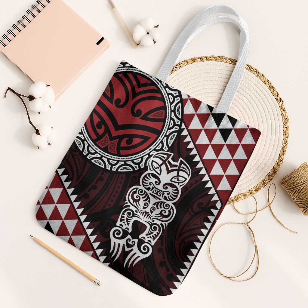 Red Aotearoa Niho Taniwha Tote Bag Maori Mythology Tooth - Taniko Motifs - Polynesian Pride