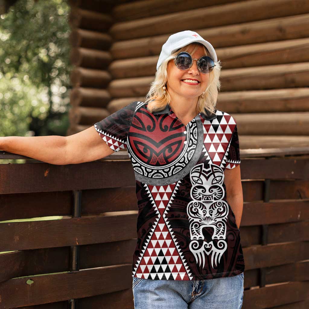 Red Aotearoa Niho Taniwha Women Polo Shirt Maori Mythology Tooth - Taniko Motifs