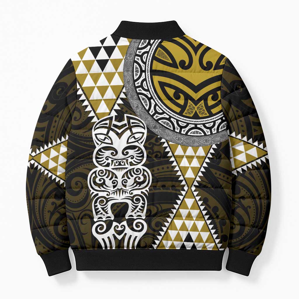 Yellow Aotearoa Niho Taniwha Bomber Puffer Jacket Maori Mythology Tooth - Taniko Motifs LT14 - Polynesian Pride