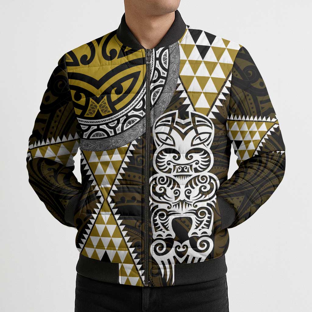 Yellow Aotearoa Niho Taniwha Bomber Puffer Jacket Maori Mythology Tooth - Taniko Motifs LT14 - Polynesian Pride