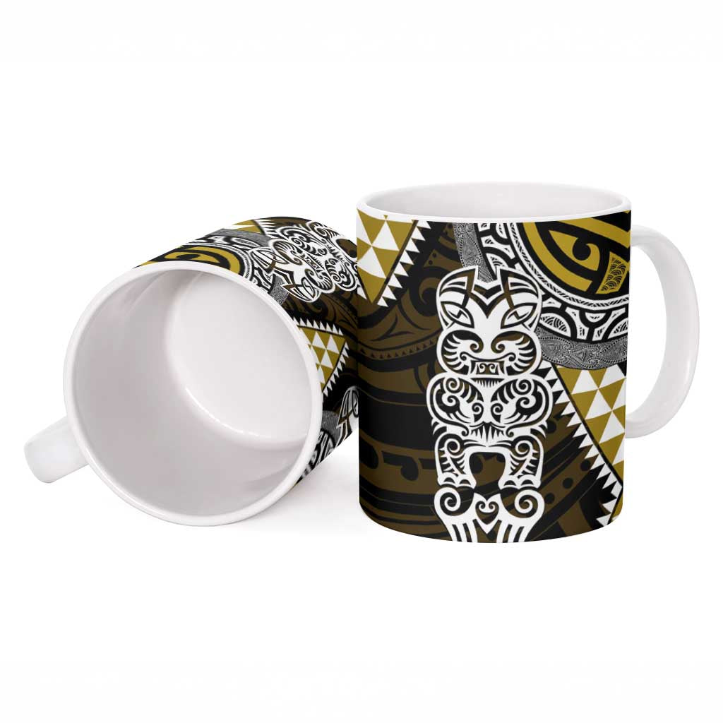 Yellow Aotearoa Niho Taniwha Ceramic Mug Maori Mythology Tooth - Taniko Motifs - Polynesian Pride
