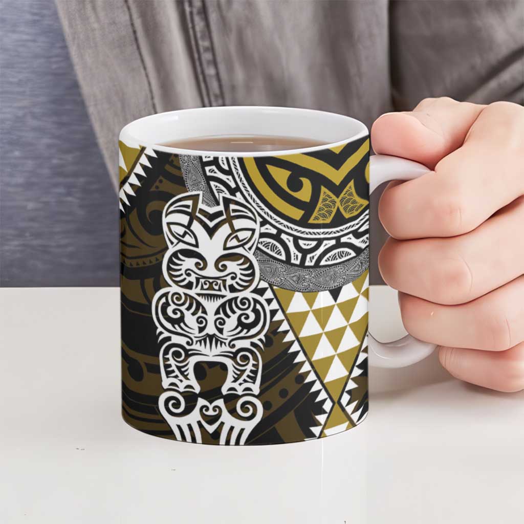 Yellow Aotearoa Niho Taniwha Ceramic Mug Maori Mythology Tooth - Taniko Motifs - Polynesian Pride