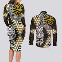 Yellow Aotearoa Niho Taniwha Couples Matching Long Sleeve Bodycon Dress and Long Sleeve Button Shirt Maori Mythology Tooth - Taniko Motifs