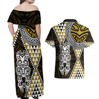 Yellow Aotearoa Niho Taniwha Couples Matching Off Shoulder Maxi Dress and Hawaiian Shirt Maori Mythology Tooth - Taniko Motifs