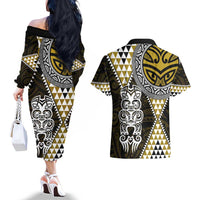 Yellow Aotearoa Niho Taniwha Couples Matching Off The Shoulder Long Sleeve Dress and Hawaiian Shirt Maori Mythology Tooth - Taniko Motifs