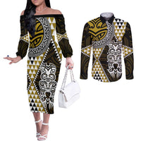 Yellow Aotearoa Niho Taniwha Couples Matching Off The Shoulder Long Sleeve Dress and Long Sleeve Button Shirt Maori Mythology Tooth - Taniko Motifs