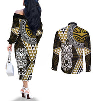 Yellow Aotearoa Niho Taniwha Couples Matching Off The Shoulder Long Sleeve Dress and Long Sleeve Button Shirt Maori Mythology Tooth - Taniko Motifs