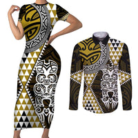 Yellow Aotearoa Niho Taniwha Couples Matching Short Sleeve Bodycon Dress and Long Sleeve Button Shirt Maori Mythology Tooth - Taniko Motifs