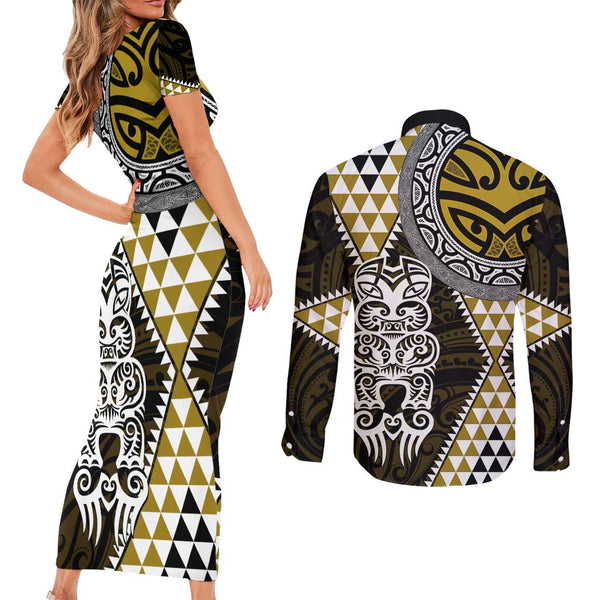 Personalised New Zealand Couples Matching Short Sleeve Bodycon Dress and Long Sleeve Button Shirts Aotearoa Blue Maori Kiwi Blue Fern LT01
