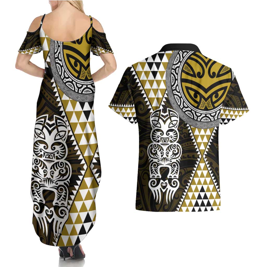 Yellow Aotearoa Niho Taniwha Couples Matching Summer Maxi Dress and Hawaiian Shirt Maori Mythology Tooth - Taniko Motifs