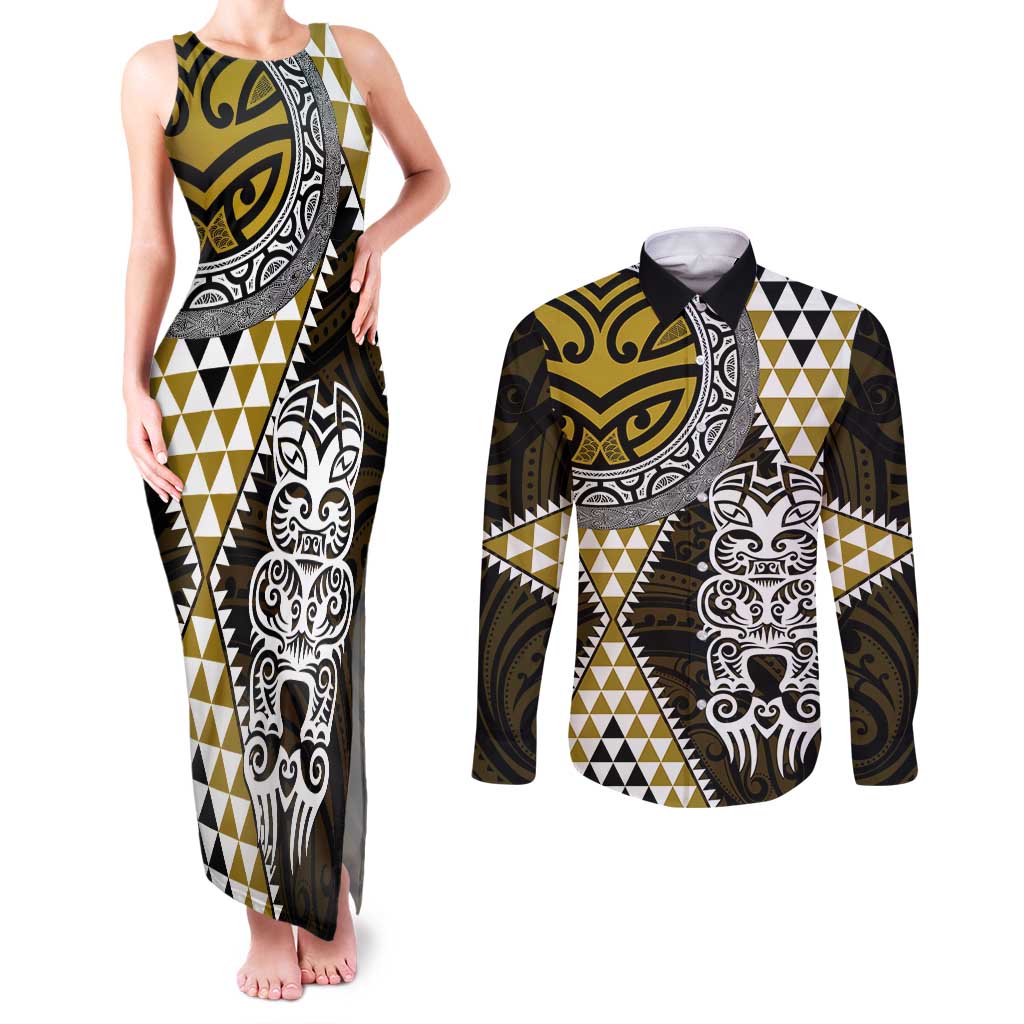Yellow Aotearoa Niho Taniwha Couples Matching Tank Maxi Dress and Long Sleeve Button Shirt Maori Mythology Tooth - Taniko Motifs