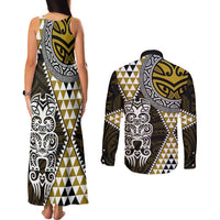 Yellow Aotearoa Niho Taniwha Couples Matching Tank Maxi Dress and Long Sleeve Button Shirt Maori Mythology Tooth - Taniko Motifs
