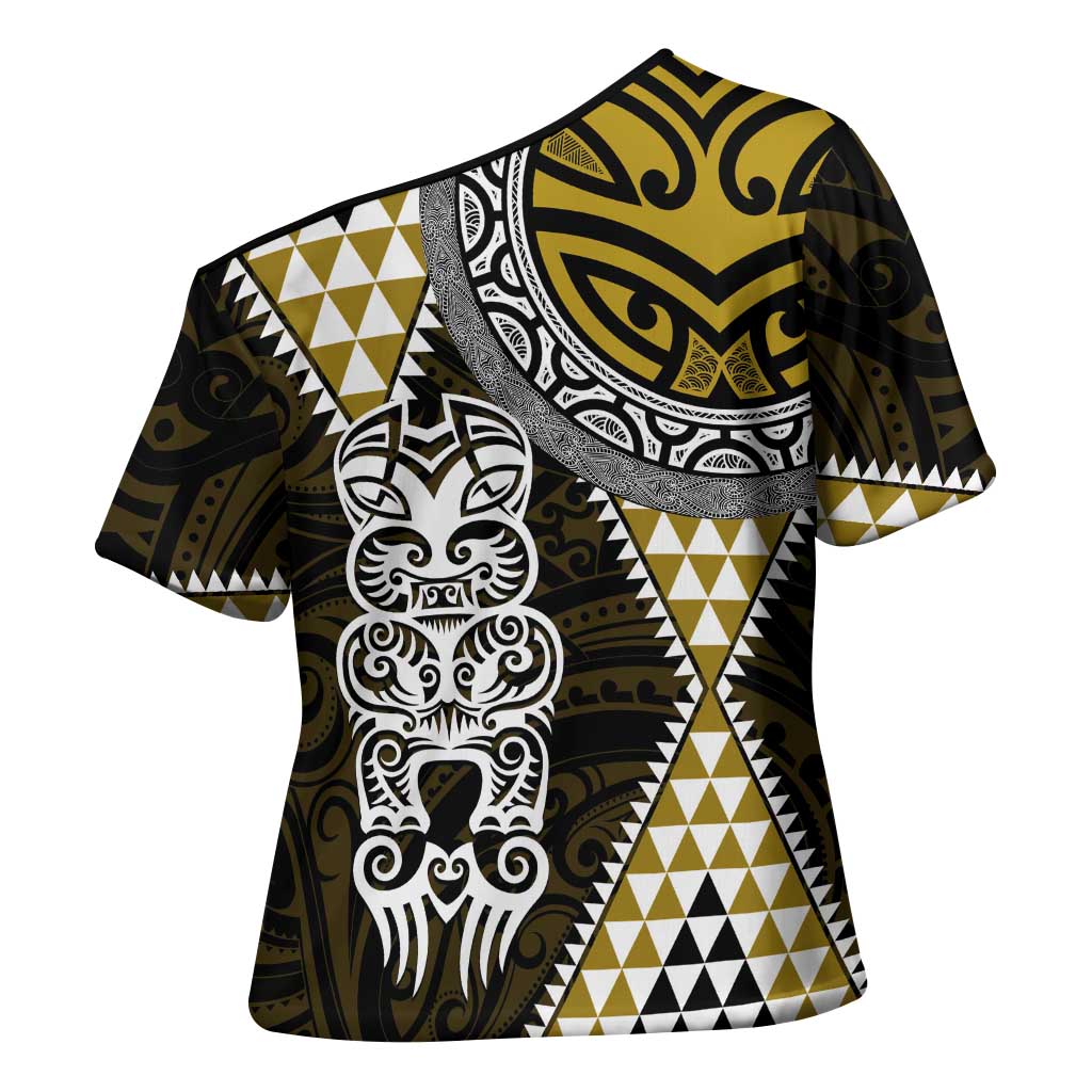 Yellow Aotearoa Niho Taniwha Cross Shoulder Shirt Maori Mythology Tooth - Taniko Motifs LT14 - Polynesian Pride