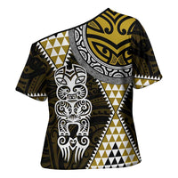 Yellow Aotearoa Niho Taniwha Cross Shoulder Shirt Maori Mythology Tooth - Taniko Motifs LT14 - Polynesian Pride