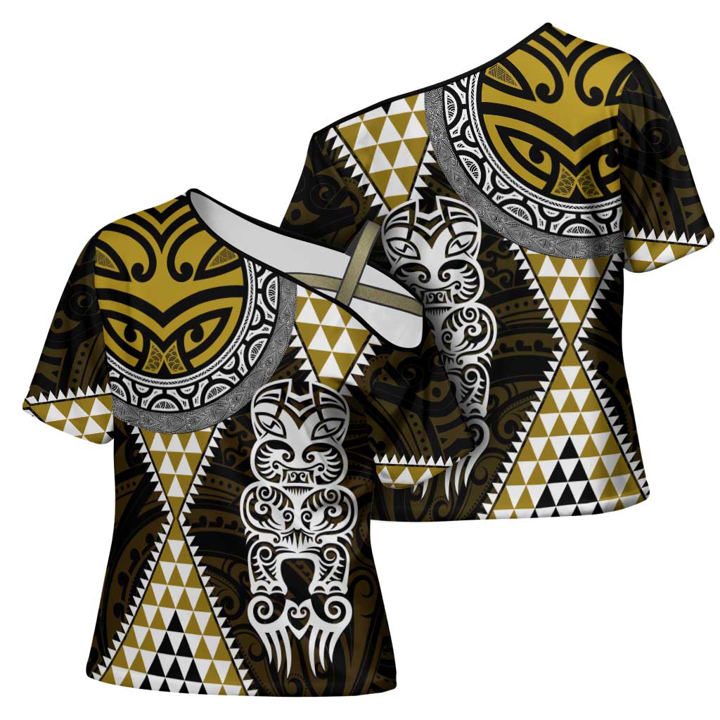 Yellow Aotearoa Niho Taniwha Cross Shoulder Shirt Maori Mythology Tooth - Taniko Motifs LT14 - Polynesian Pride