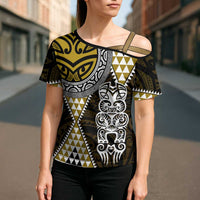Yellow Aotearoa Niho Taniwha Cross Shoulder Shirt Maori Mythology Tooth - Taniko Motifs LT14 - Polynesian Pride