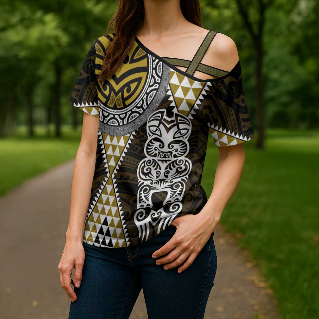 Yellow Aotearoa Niho Taniwha Cross Shoulder Shirt Maori Mythology Tooth - Taniko Motifs LT14 - Polynesian Pride