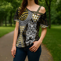 Yellow Aotearoa Niho Taniwha Cross Shoulder Shirt Maori Mythology Tooth - Taniko Motifs LT14 - Polynesian Pride